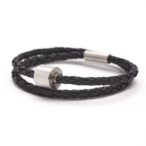 Herdenkings crematie armband – Gevlochten leer en roestvrij staal – Zwart